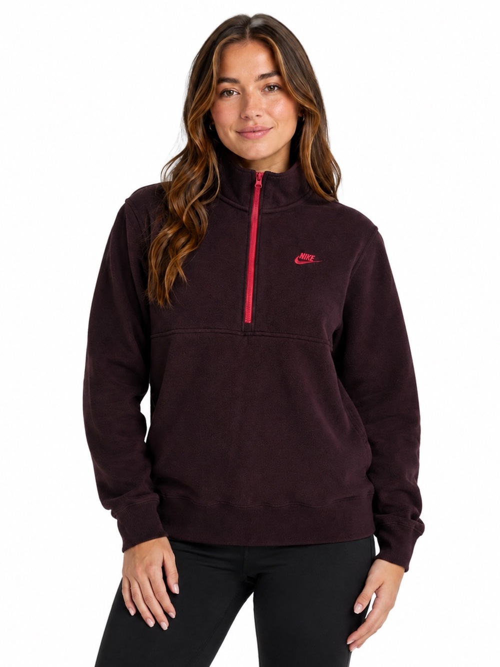 Nike NSW Club Brushed-Back 1/2 Zip Fleece Pullover Brown With Red Tint.
